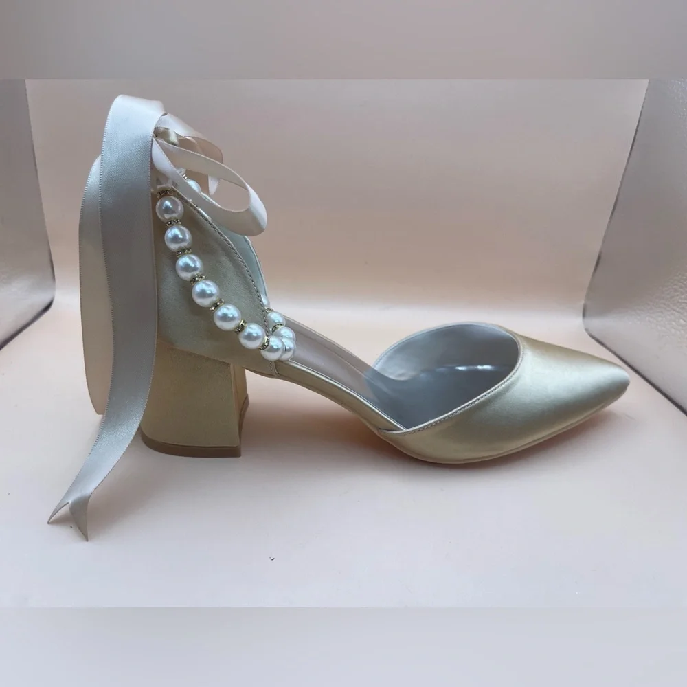Champagne Satin Block Heels w/ Pearl Ankle Strap • EU 37 (US 6.5–7)